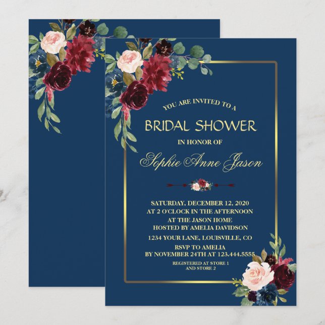 Convites Chuva de Noiva em Azul Naval e Dourado com Florais (Frente/Verso)