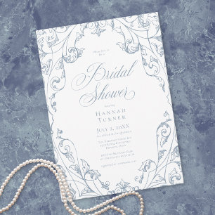 Convites Chuva de Noiva em Azul Poeirento Floral Elegante