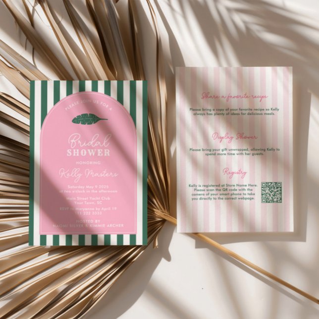 Convites Chuva de Noiva em Beverly Hills Rosa e Verde com A (Pink and green stripes double-sided 1950s retro Beverly Hills theme bridal shower invitation)