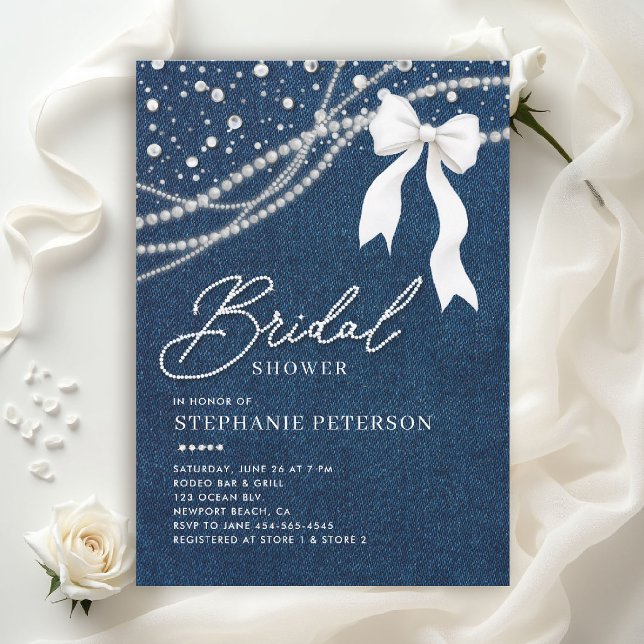 Convites Chuva de Noiva em Denim, Diamantes, Pérolas e Laço (denim and diamonds bridal shower invitations template blue white bow western country rustic)