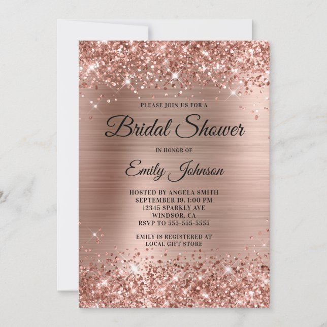 Convites Chuva de Noiva em Glitter Rosa Dourado com Letra R (Frente)