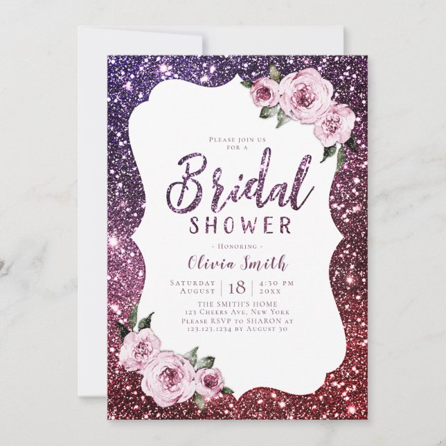 Convites Chuva de noiva em glitter roxo bordô floral (Frente)