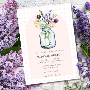 Convites Chuva de Noiva em Jarro de Mason com Gingham e Flo