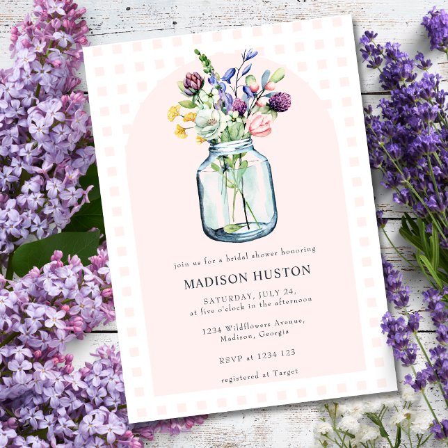 Convites Chuva de Noiva em Jarro de Mason com Gingham e Flo (Criador carregado)