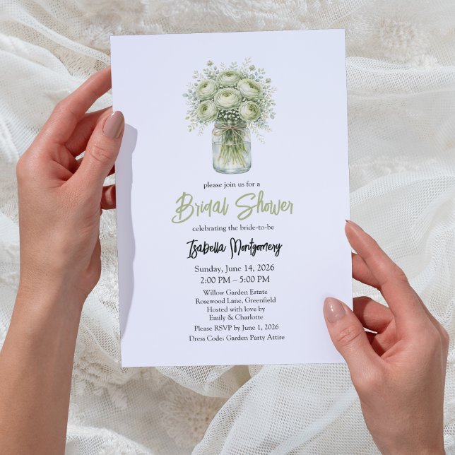 Convites Chuva de Noiva em Jarro de Mason Verde Sage com Ra (Sage Green Ranunculus Mason Jar Bridal Shower Invitations
)