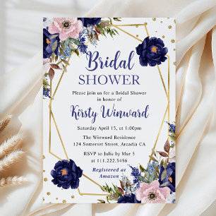 Convites Chuva de Noiva em Moldura de Flores Navy e Creme