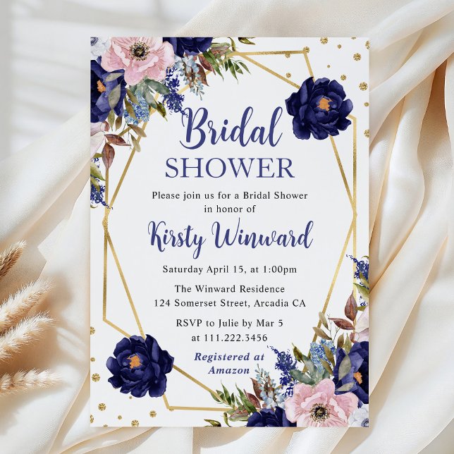 Convites Chuva de Noiva em Moldura de Flores Navy e Creme (Criador carregado)