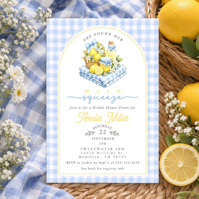Convites Chuva de Noiva em Piquenique com Laço de Ginga Azu (Blue Gingham Bow Lemon Picnic Bridal Shower Invitation)