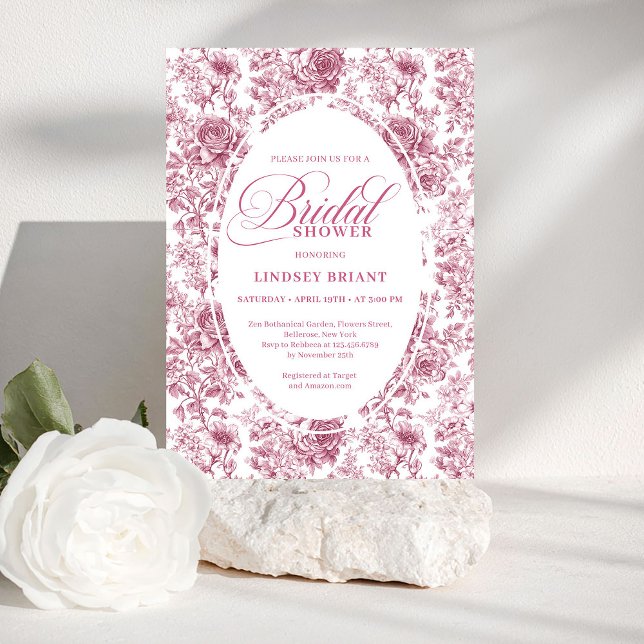 Convites Chuva de Noiva em Rosa Desbotado Francês Toile Vin (Vintage Dusky Pink French Toile Bridal Shower Invite)
