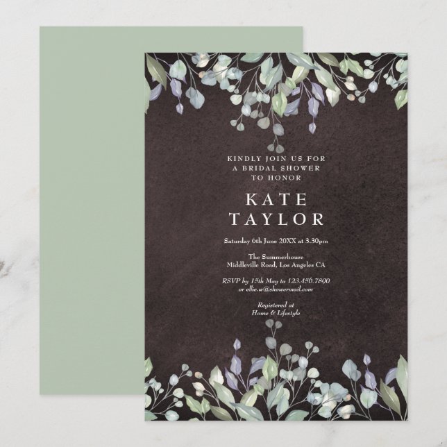 Convites Chuva de Noiva em Salvia em Quadro Negro e Flor de (Frente/Verso)