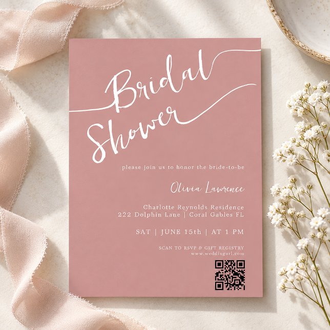 Convites Chuva de Noiva em Script Rosa Empoeirado com QR (Dusty Rose Script QR Bridal Shower)