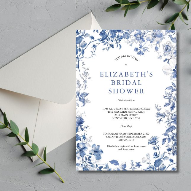 Convites Chuva de Noiva em Tons de Azul e Branco com Toile  (Blue white watercolor floral toile Bridal Shower invitation. Printed or Digital Download)