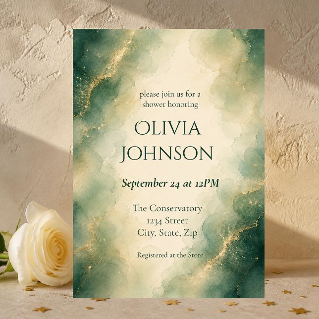 Convites Chuva de Noiva em Verde Sage e Dourado com Aquarel (Elegant sage green and gold watercolor bridal shower invitation for a modern garden or greenery)