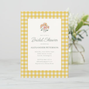 Convites Chuva de Noiva em Xadrez Amarelo Floral em Aquarel