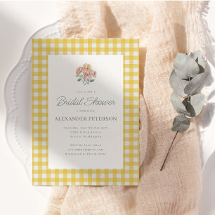 Convites Chuva de Noiva em Xadrez Amarelo Floral em Aquarel