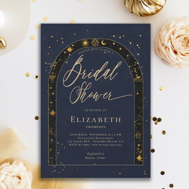 Convites Chuva de Noiva Estrelas Zodíaco Celestial Lua (celestial bridal shower invitation zodiac signs astrology oracle universe mystical navy blue)