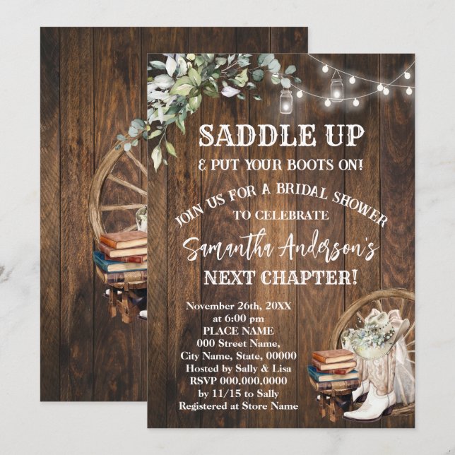 Convites Chuva de Noiva Eucalipto Saddle Up Botas & Livros (Frente/Verso)