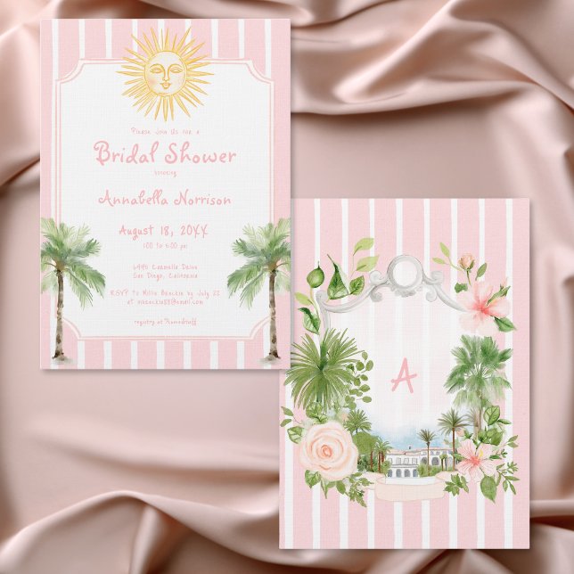 Convites Chuva de Noiva Faixa Rosa Palma Sol Costeira (Pink Stripe Coastal Sun Palm Bridal Shower Invitation)