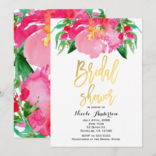 Convites Chuva de Noiva Flor Floral Rosa Aquarela Dourado