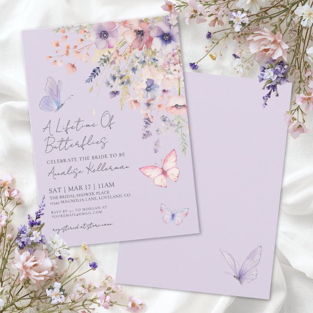 Convites Chuva de Noiva Flor Silvestre Borboleta Roxa (Butterfly Wildflower Purple Bridal Shower Invitation)