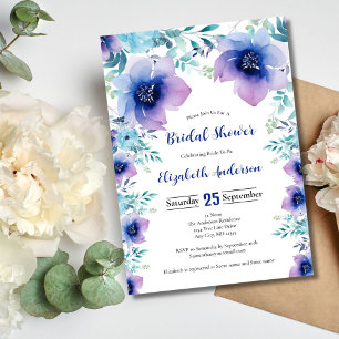 Convites Chuva de Noiva Florais Aquarela Azul Roxo