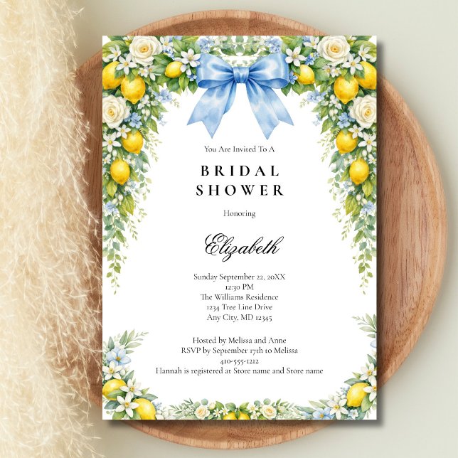 Convites Chuva de Noiva Florais Limões Arco Azul (Blue Coquette Bow, Mediterranean Lemons Florals Bridal Shower Invitation. Digital or Printed)