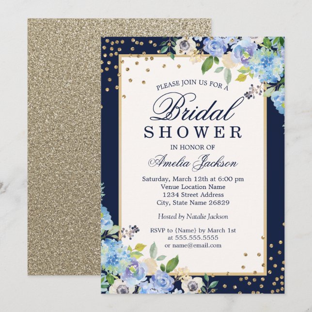 Convites Chuva de Noiva Floral Azul Dourado Brilho (Frente/Verso)