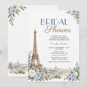 Convites Chuva de Noiva Floral Azul Eiffel Parisiense