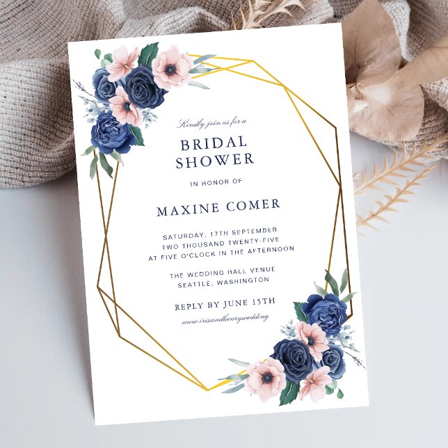 Convites Chuva de Noiva Floral Azul Marinho e Rosa (Navy blue and blush floral bridal shower invitation celebrates the bride with elegance.)