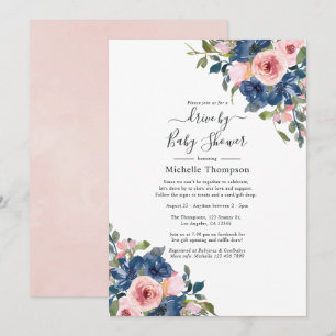 Convites Chuva de Noiva Floral Azul Marinho e Rosa Velho