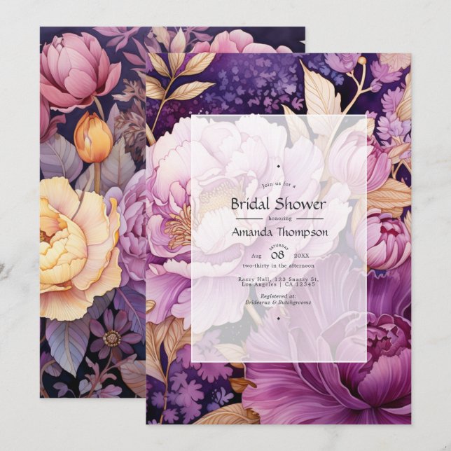 Convites Chuva de Noiva Floral Bege e Dourado (Frente/Verso)