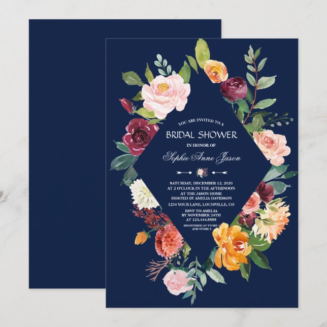 Convites Chuva de Noiva Floral Borgonha Bege Azul Escuro (Frente/Verso)