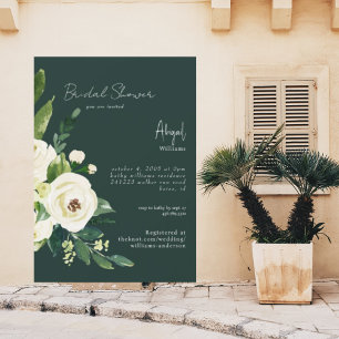 Convites Chuva de Noiva Floral Branca Elegante Verde Escuro