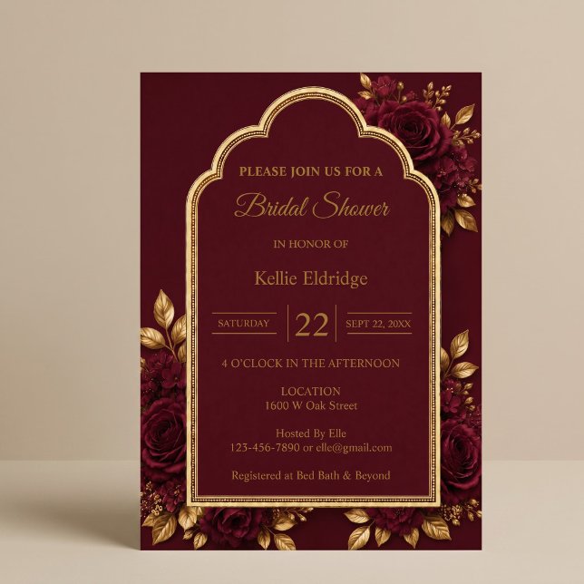 Convites Chuva de Noiva Floral Burgundy & Dourado (Criador carregado)
