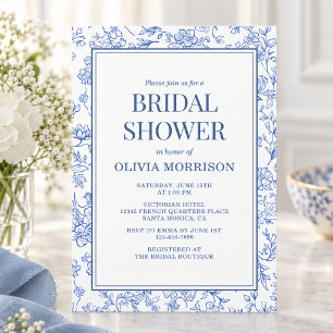 Convites Chuva de Noiva Floral Chinoiserie Azul Francesa