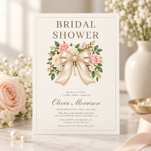 Convites Chuva de Noiva Floral com Laço de Pérola Elegante