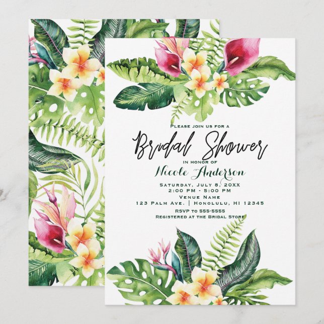 Convites Chuva de Noiva Floral de Flores & Folhas Tropicais (Frente/Verso)