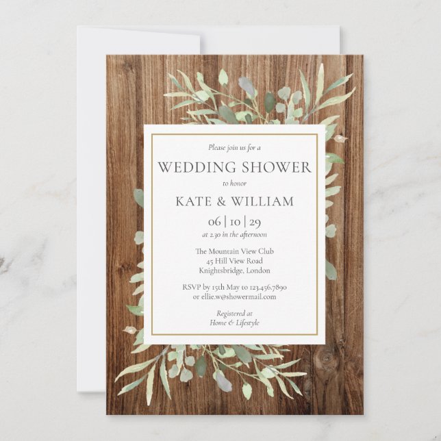 Convites Chuva de Noiva Floral de Madeira Rústica (Frente)