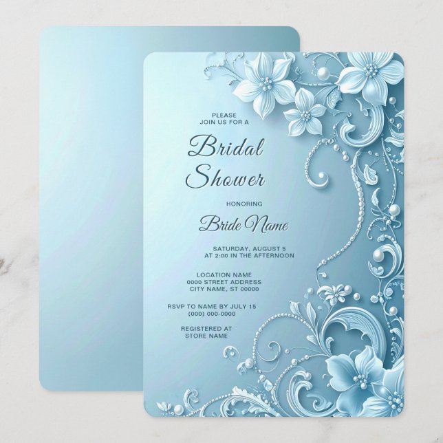 Convites Chuva de Noiva Floral Decorativa Azul (Frente/Verso)