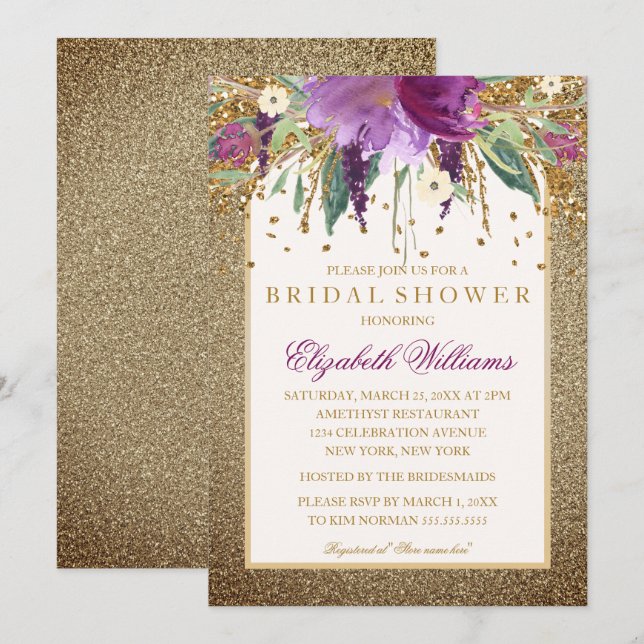 Convites Chuva de Noiva Floral Dourada Amethyst Espumante (Frente/Verso)