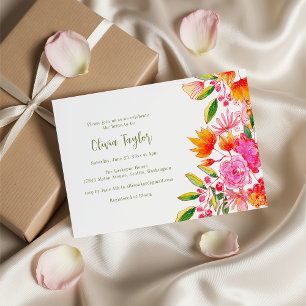 Convites Chuva de Noiva Floral em Aquarela Rosa Laranja Pri