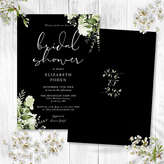 Convites Chuva de Noiva Floral em Preto e Branco com Folhag (Black And White Greenery Floral Bridal Shower Invitation)
