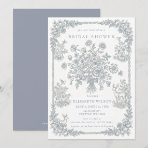 Convites Chuva de Noiva Floral em Toile de Chinoiserie Azul