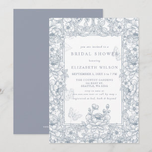 Convites Chuva de Noiva Floral em Toile de Chinoiserie Azul