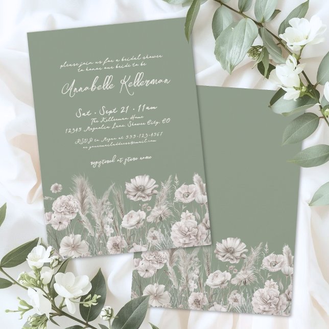 Convites Chuva de Noiva Floral em Verde Salvia Boho (Sage Green Floral Boho Bridal Shower Invitation)