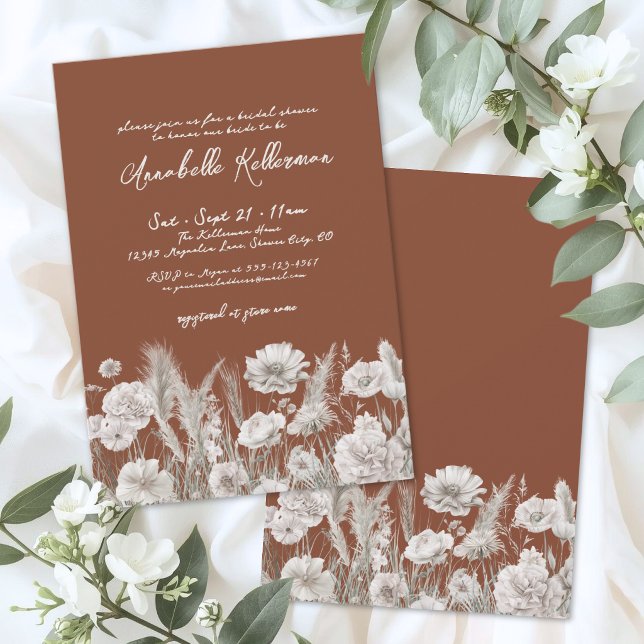 Convites Chuva de Noiva Floral Laranja Queimada Boho (Burnt Orange Floral Boho Bridal Shower Invitation )