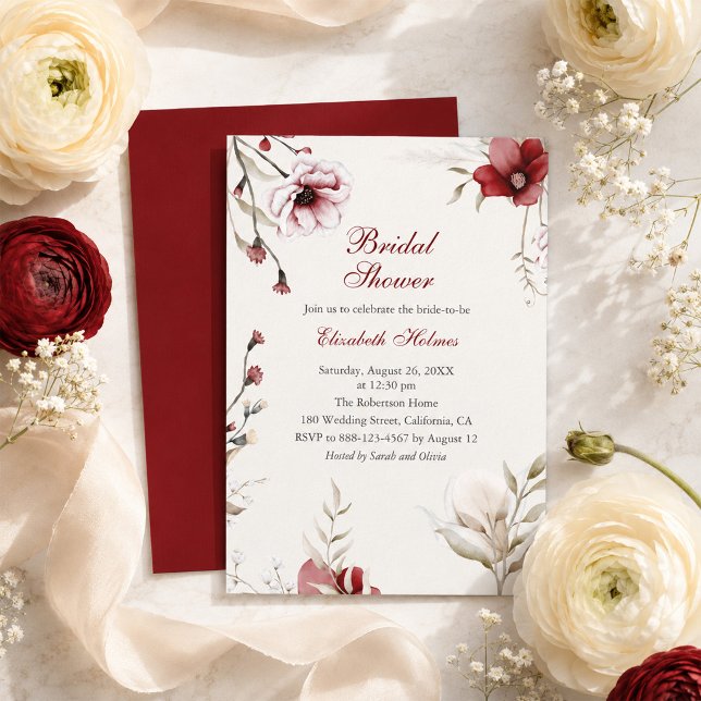 Convites Chuva de Noiva Floral Marfim Borgonha (Burgundy Back Ivory Floral Bridal Shower Invitation)