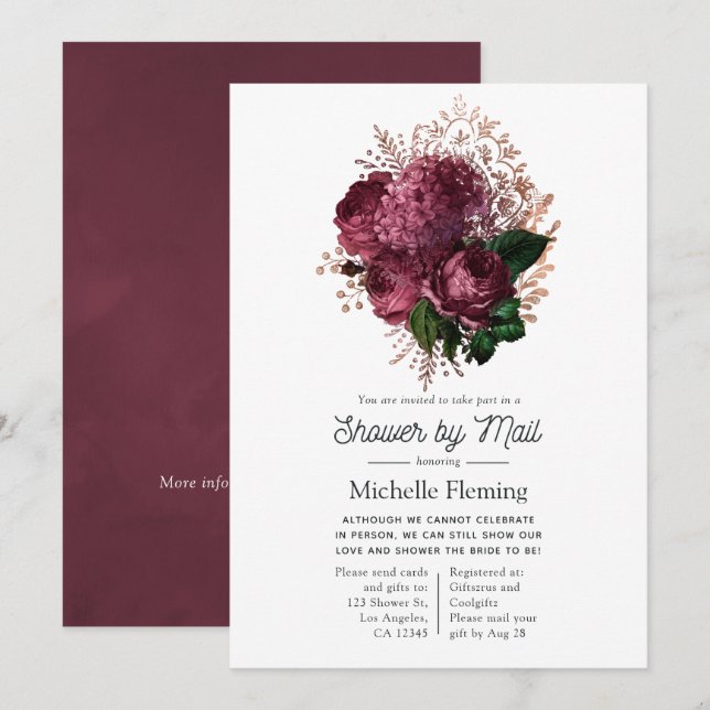 Convites Chuva de Noiva Floral Marsala e Dourado Rosa pelo  (Frente/Verso)