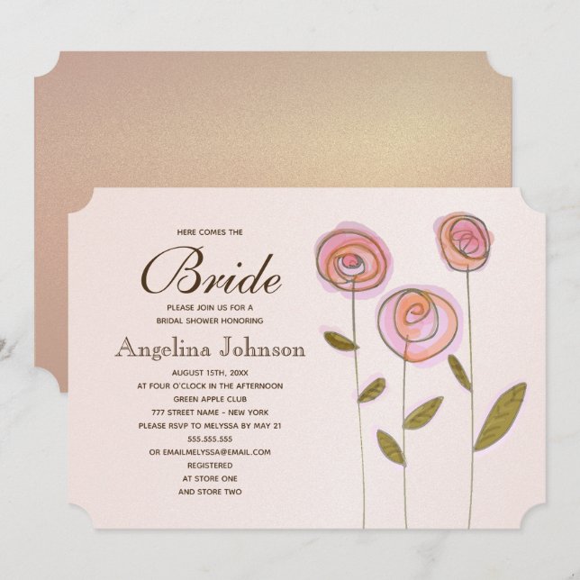 Convites Chuva de Noiva Floral Moderno Elegante em Dourado  (Frente/Verso)