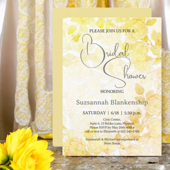 Convites Chuva de Noiva Floral Pastel Sutil  (Front & Back Design Examples for yellow floral bridal shower invitation.)